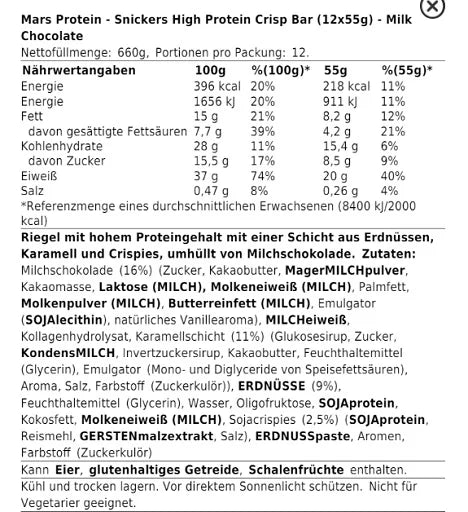 Snickers HI Protein Crisp Bar (12x55g) - Milk Chocolate.